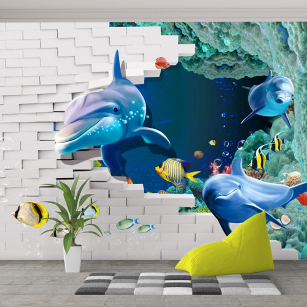 Fototapet 3D Delfini Prin Zid de Caramizi Albe PACV3 - Img 2