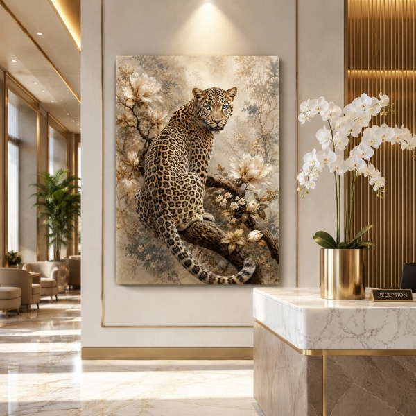 Tablou Canvas Leopard cu Ochi Albaștri și Flori Magnolia ANLS62 Receptie