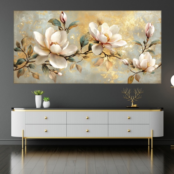 Tablou Canvas Flori Albe cu Accente Aurii FLAR47