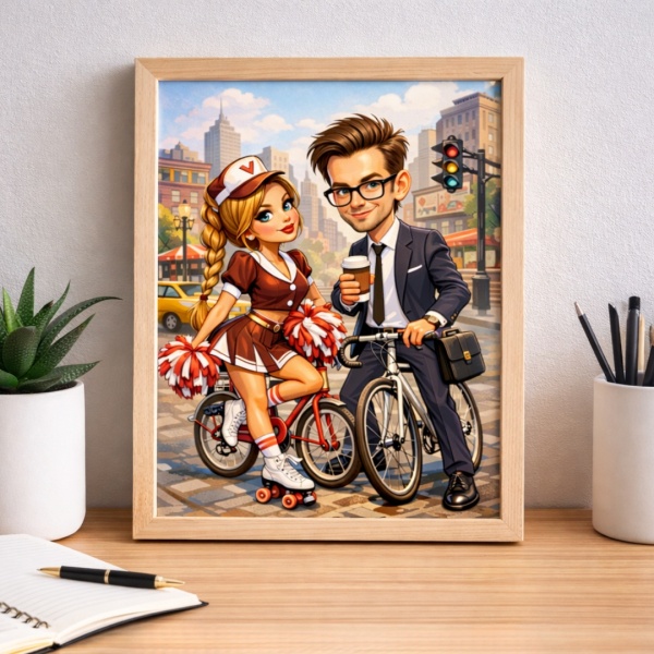 Caricatură Cuplu pe Biciclete Retro la Oraș – în ramă lemn natur - Img 2