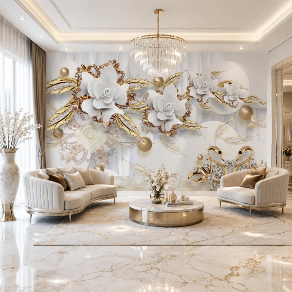 Fototapet 3D Flori Albe Cu Lebede Aurii PFT28 Living Premium