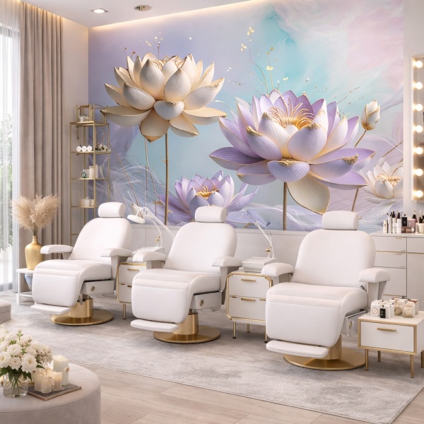 Fototapet Elegant Lotus Pastel cu Accente Aurii în Salon Beauty