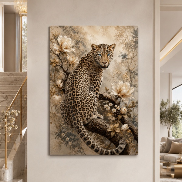 Tablou Canvas Leopard cu Ochi Albaștri și Flori Magnolia ANLS62 Living