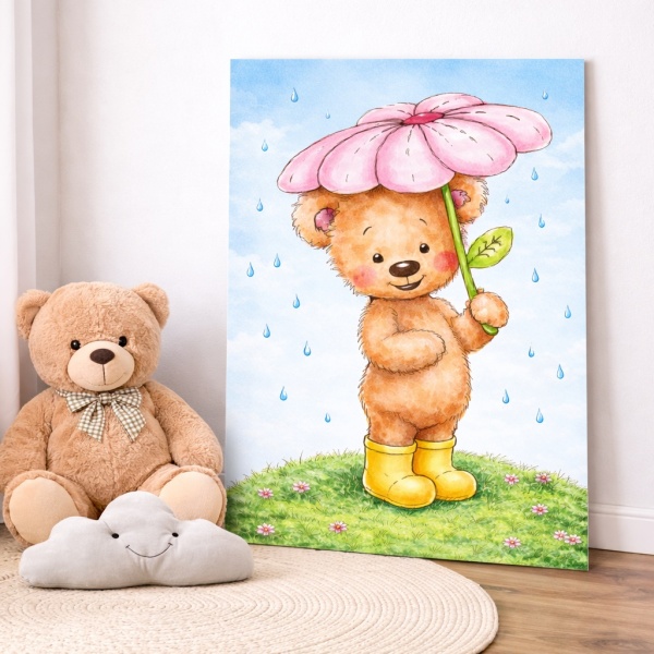 Tablou Canvas Ursulețul cu Umbrelă de Floare Camere Bebelusi
