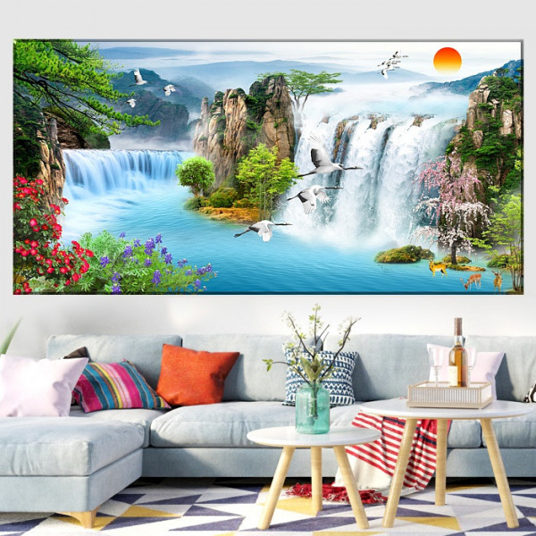 Tablou Canvas 3D Peisaj de Vis cu Cascada si Cocori WTF84