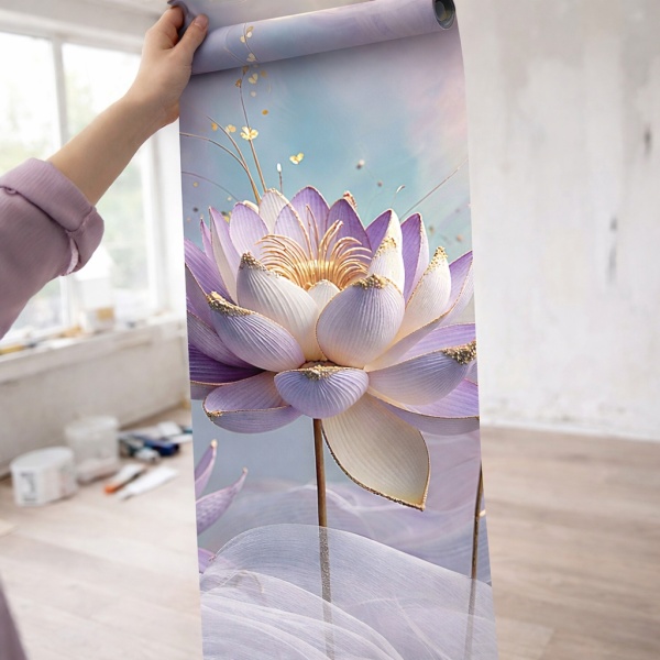 Fototapet Lotus Pastel Mov și Crem cu Accente Aurii – Detaliu Print