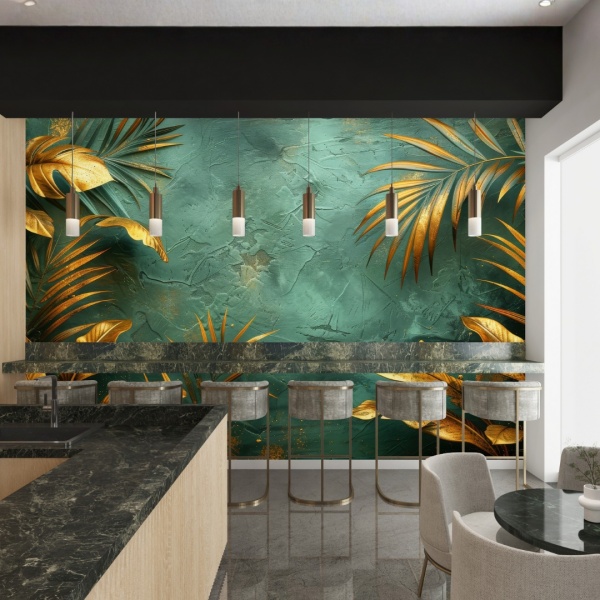 Fototapet Emerald Luxe – Frunze aurii pe fundal verde smarald FLAR78 - Img 3