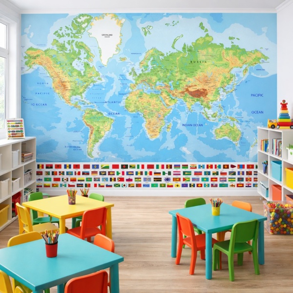 Fototapet Harta Lumii cu Steagurile Țărilor in Afterschool