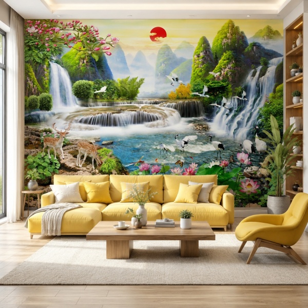 Fototapet 3D Cascade cu Caprioare In Peisaj de Vis OPO538 Living