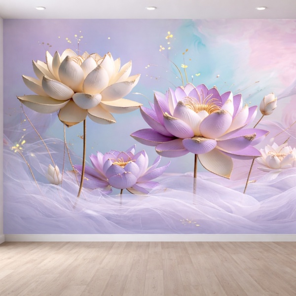 Fototapet 3D Flori Lotus Mov Pastel cu Accente Aurii pe Perete