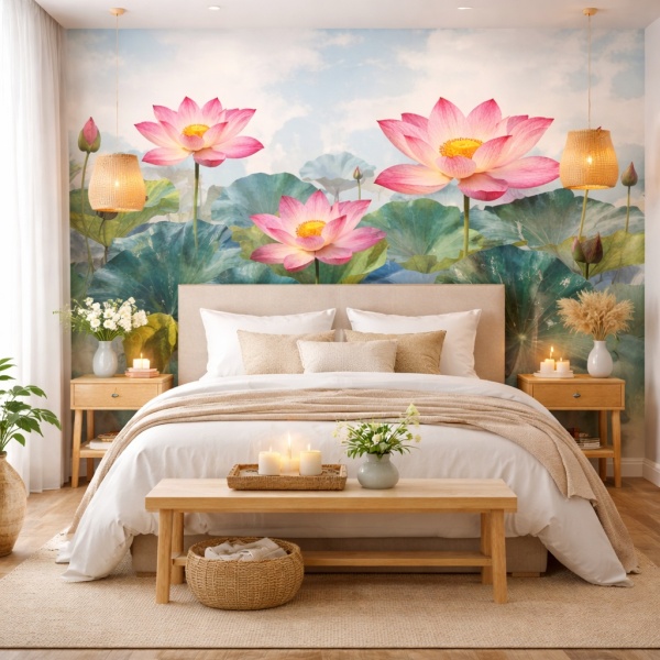 Fototapet Lotus Zen cu Frunze Tropicale FLAR122 Dormitor Tropical