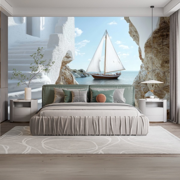 Fototapet Mediteranean cu Velier și Case Albe pe Stânci PIN12 - Img 3
