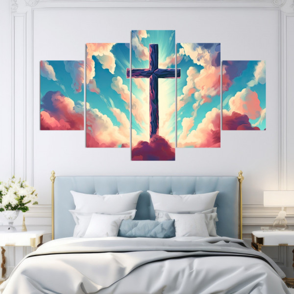 Multicanvas Ilustrație Spirituală Cruce Desenată cu Acuarelă pe Cer ICR49 - Img 3