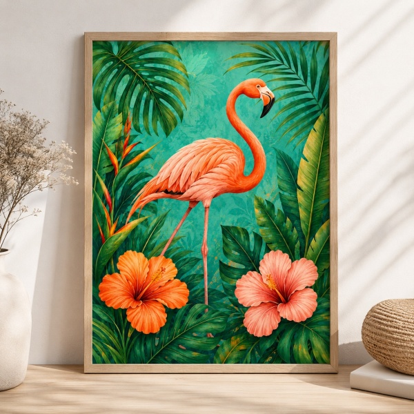 Tablou cu Ramă Flamingo în junglă tropicală vibrantă ANLS57