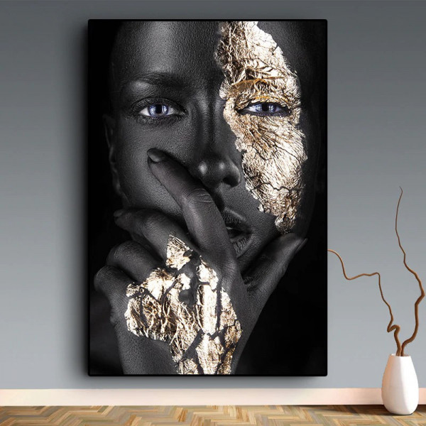 Tablou Canvas Portret Fashion Negresa cu Machiaj Auriu BGM64