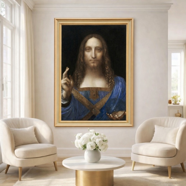 Tablou Salvator Mundi – Leonardo da Vinci PCR4 cu Rama Aurie in Salon