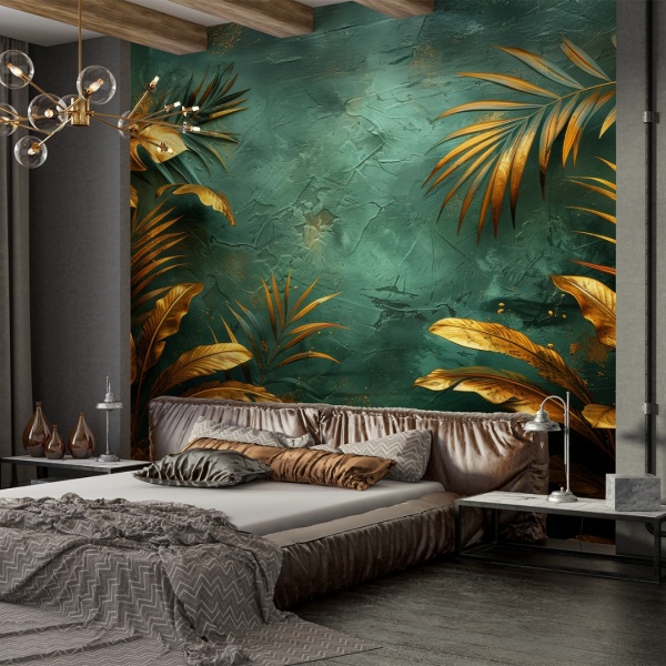 Fototapet Emerald Luxe – Frunze aurii pe fundal verde smarald FLAR78 - Img 4