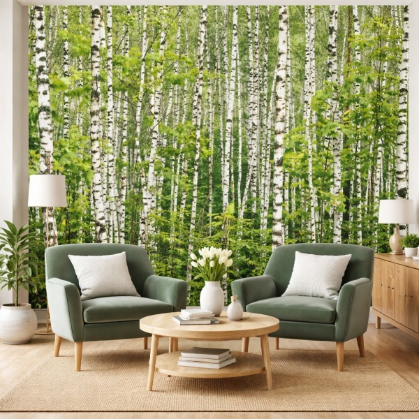 Fototapet Pădure de Mesteceni cu Frunze Verzi PIN84 Salon Modern