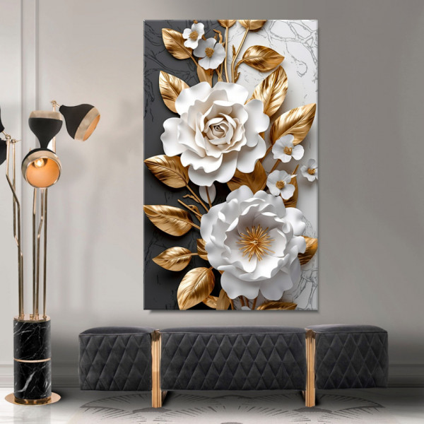 Tablou Canvas Ilustratie Digitala Flori Albe 3D cu Frunze Bronz ILM49 - Img 3