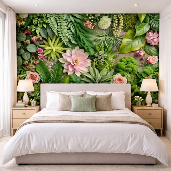 Fototapet floral luxuriant cu frunze verzi și flori delicate montat în dormitor modern