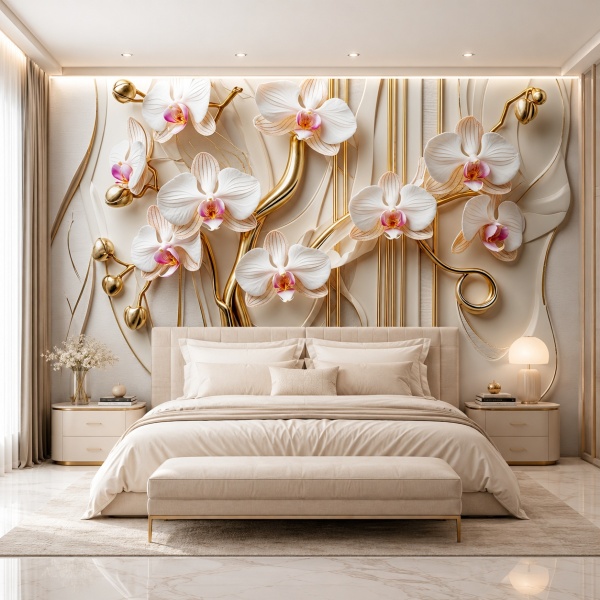 Fototapet 3D Orhidee Albe cu Accente Aurii Premium SRN24 Dormitor Matrimonial