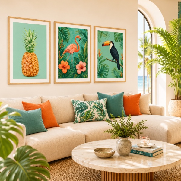 Tablou cu Ramă Flamingo în junglă tropicală vibrantă ANLS57 Set Tropical Vibes