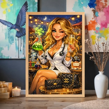 Caricatură Doamna Doctor în Prosecco & Molecule – cu ramă din lemn natur CHP8