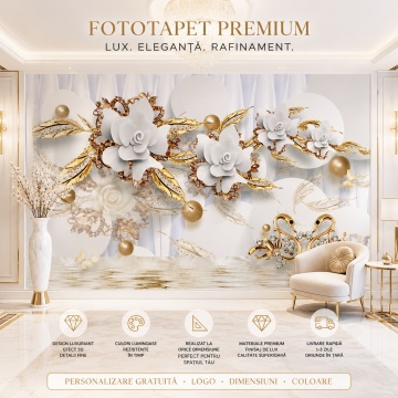 Fototapet 3D Flori Albe Cu Lebede Aurii PFT28