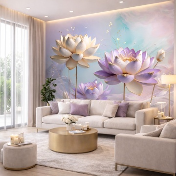 Fototapet 3D Lotus Pastel cu Detalii Aurii în Living Modern Luminos