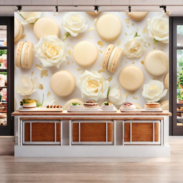 Fototapet 3D Macaroons cu Trandafiri Albi Frantuzesti DSS95