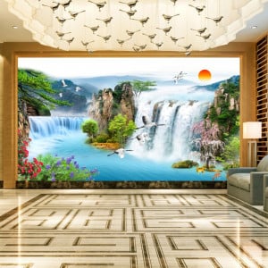 Fototapet 3D Peisaj de Vis cu Flori si Cascade WTF84F