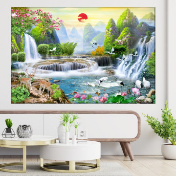 Tablou Canvas 3D Cascade cu Caprioare In Peisaj de Vis OPO538T