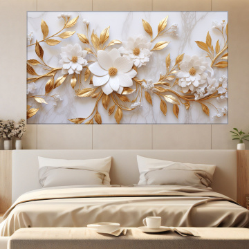 Tablou Canvas Flori Elegante Albe cu Frunze Aurii ILM64