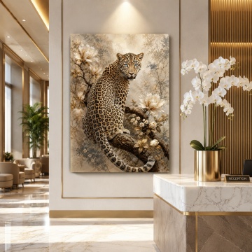 Tablou Canvas Leopard cu Ochi Albaștri și Flori Magnolia ANLS62 Receptie