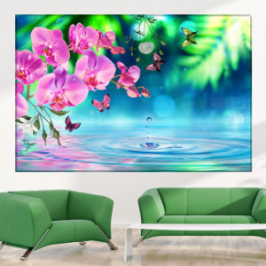 Tablou Canvas Orhidee cu Fluturi si Stropi de Apa SPA40
