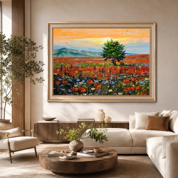 Tablou Copac cu Maci la Poalele Muntilor, Canvas+Rama TPF36 Living cu rama aurie