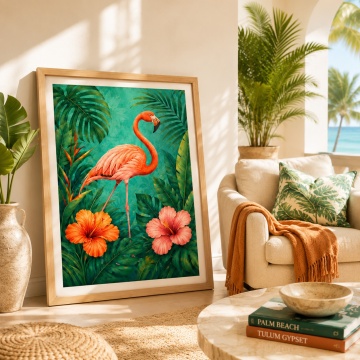 Tablou cu Ramă Flamingo în junglă tropicală vibrantă ANLS57
