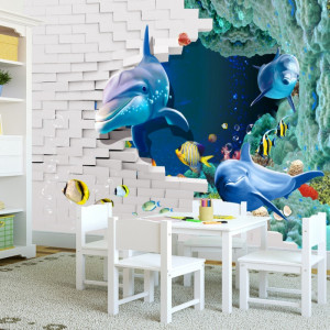 Fototapet 3D Delfini Prin Zid de Caramizi Albe PACV3 - Img 3