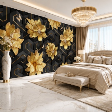 Fototapet 3D Flori Aurii cu Fundal Negru Futurist BES119 Dormitor de Lux