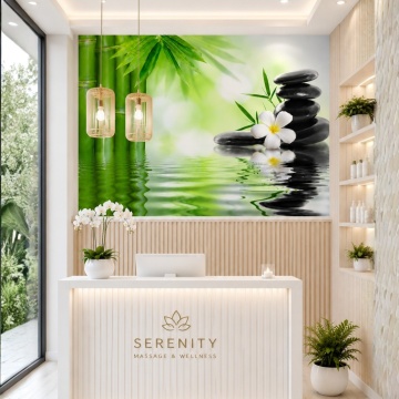 Fototapet 3D Mural Zen cu Bambus, Pietre Vulcanice și Floare Albă – BMS7 Receptie Spa