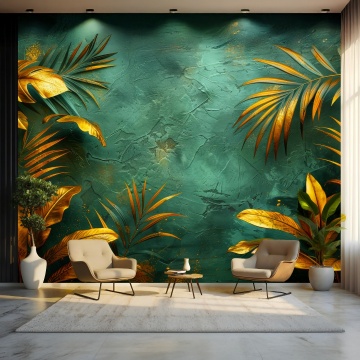 Fototapet Emerald Luxe – Frunze aurii pe fundal verde smarald FLAR78