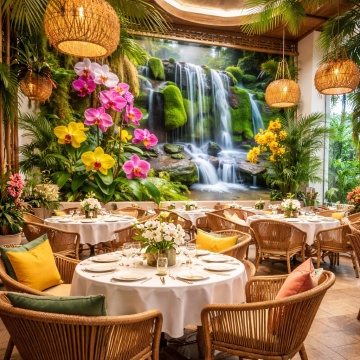 Fototapet Peisaj Exotic cu Cascadă și Orhidee Restaurant