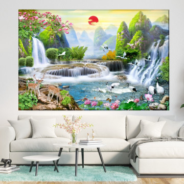 Tablou Canvas 3D Cascade cu Caprioare In Peisaj de Vis OPO538T - Img 4