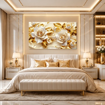 Tablou Canvas 3D White Roses Gold Edition Premium FLAR45 Dormitor Elegant