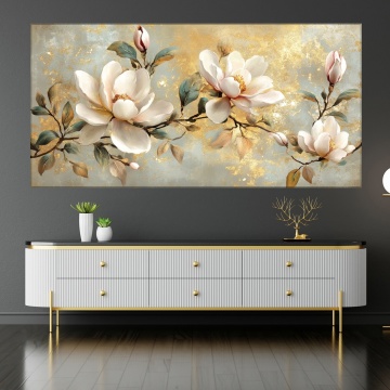Tablou Canvas Flori Albe cu Accente Aurii FLAR47