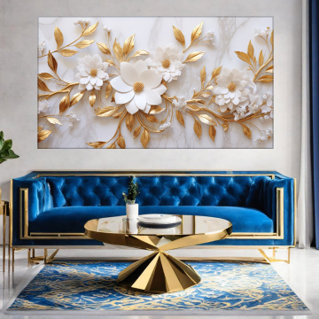 Tablou Canvas Flori Elegante Albe cu Frunze Aurii ILM64