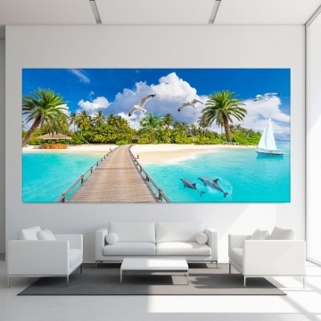 Tablou Canvas Insula Tropicala cu Palmieri si Delfini PIN42 - Img 3