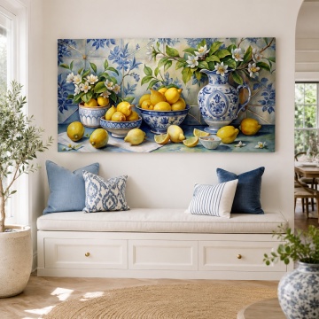 Tablou Canvas Lămâi Mediteraneene cu Flori și Ceramică Albastră FLAR108