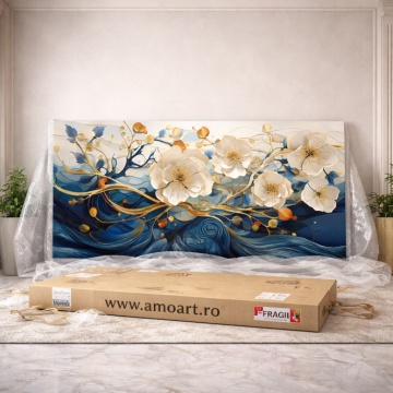 Tablou Canvas Panoramic – Dans de Flori Albe pe Valuri Albastre Ambalare si Livrare