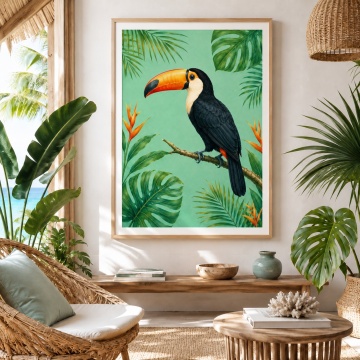 Tablou cu Ramă Tucan Print cu Flori Tropicale ANLS58